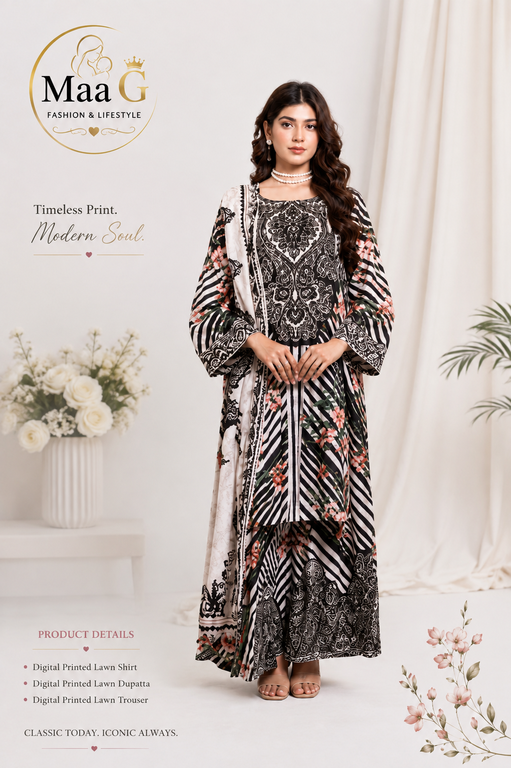 🖤 Maa G Timeless Charm – Digital Printed Lawn 3-Piece Suit