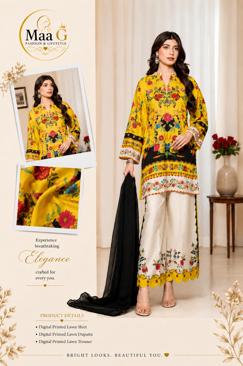 🌼 Maa G Floral Elegance – Digital Printed Lawn 3-Piece Suit