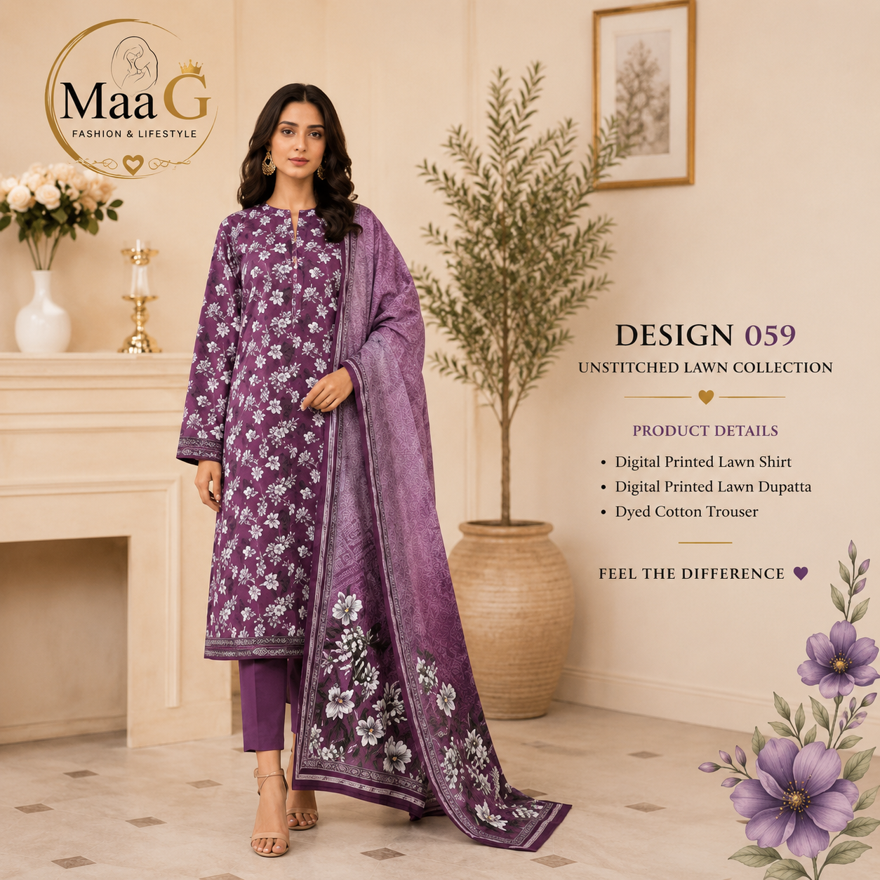 Maa G Design 059 – Purple Floral Lawn 3-Piece