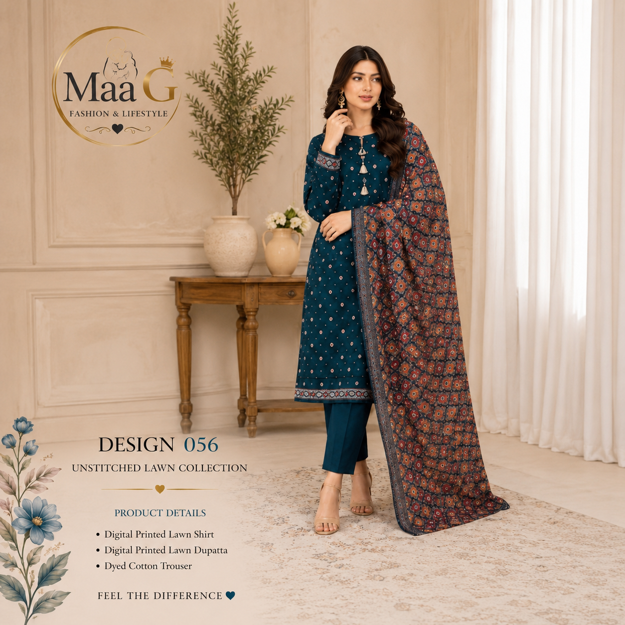 Maa G Design 056 – Teal Printed Lawn 3-Piece