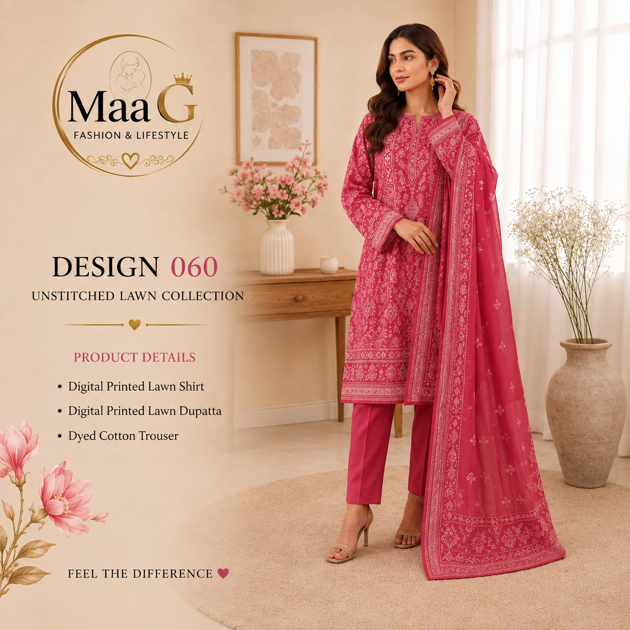 Maa G Design 060 – Pink Printed Lawn 3-Piece