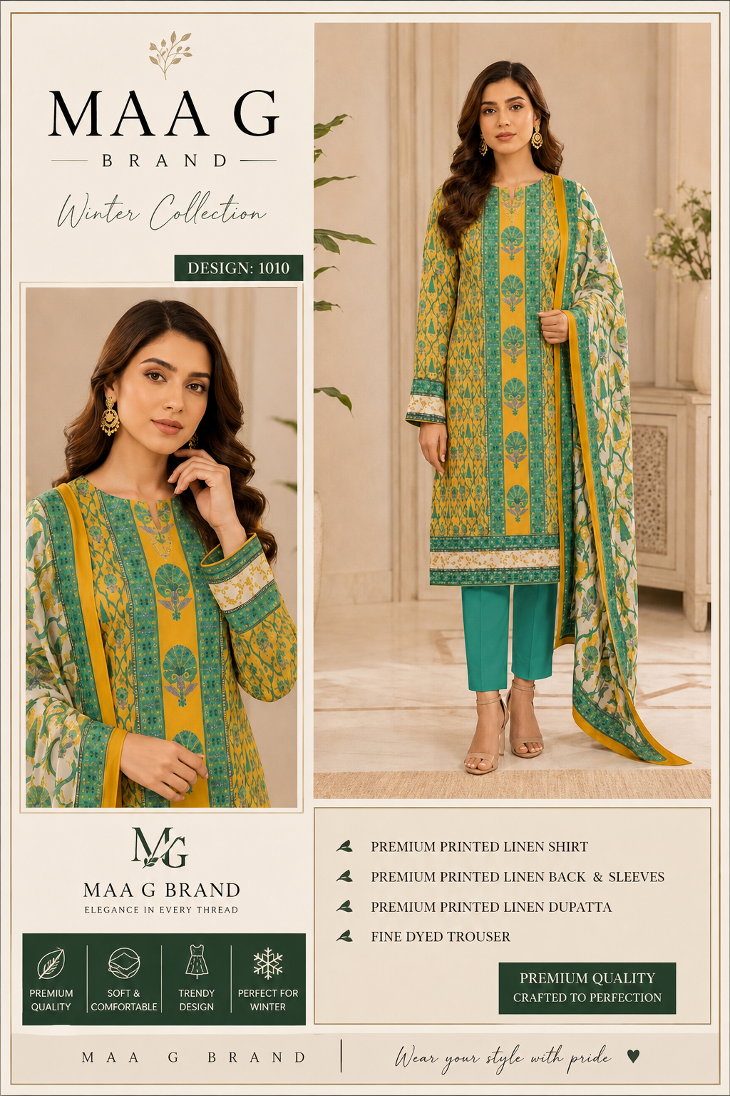 Maa G Brand – Premium Printed Linen 3-Piece Suit